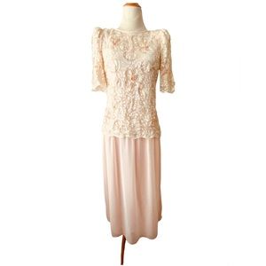 Vintage Miss Eliette 70s 80s Lace Dress Drop Waist Pale Pink Size M
